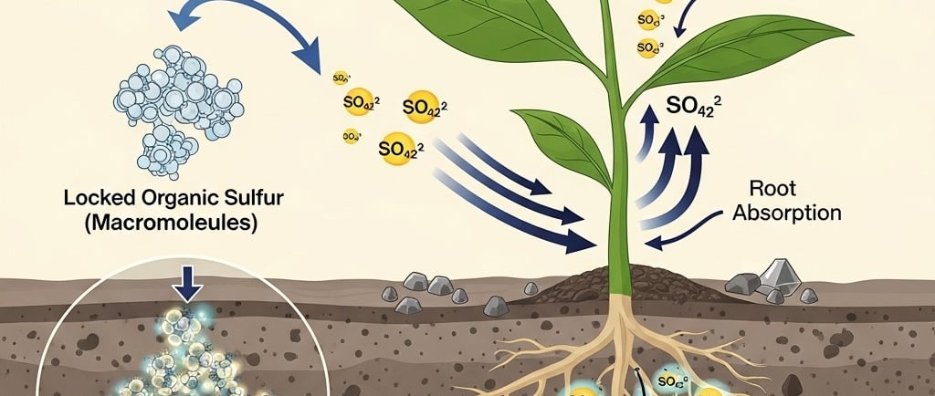 Conceptual illustration of the sulfur cycle in soil, centered on a healthy plant. Show tiny, glowing microbe icons (represent