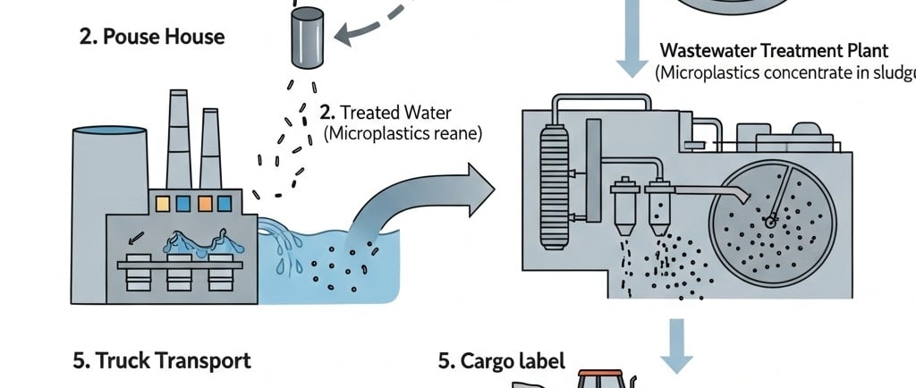Infographic diagram illustrating the cycle of microplastic pollution from home to farm. Show a house with a washing machine r