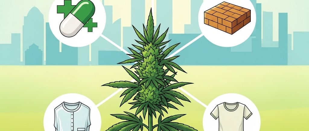Conceptual illustration showing a single, healthy industrial hemp plant at the center. Radiating outwards from the plant are 