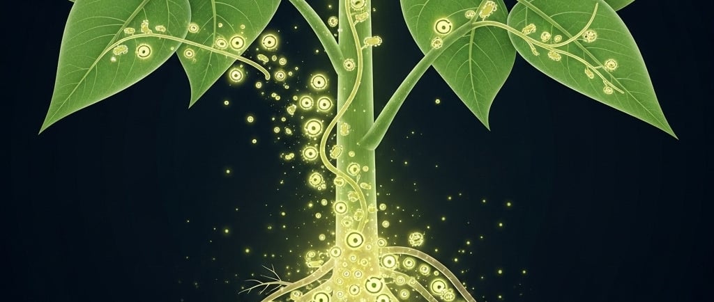 Conceptual illustration of a plant's internal microbiome. Show a translucent, healthy plant with its roots, stem, and leaves 