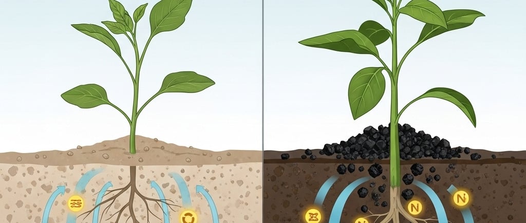 Conceptual illustration showing a cross-section of sandy soil, split down the middle. On the left side, the soil is light-col
