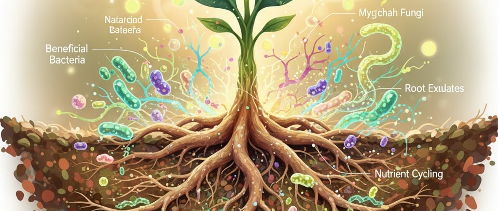 Conceptual illustration of a healthy soil microbiome. In the center, show a vibrant plant with a strong, detailed root system