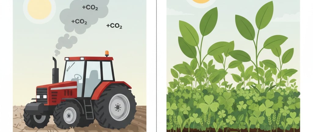 Conceptual illustration showing the contrast between two farming methods. On one side, 'Conventional Farming' with a tractor 
