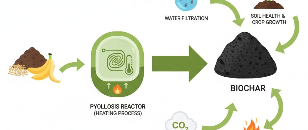 "Create a clean, modern infographic illustrating a circular economy concept. Show agricultural waste (like rice husks, banana