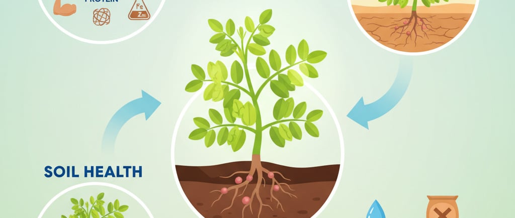 Create a conceptual infographic illustration with three main sections. In the center, show a vibrant, healthy pulse plant (li
