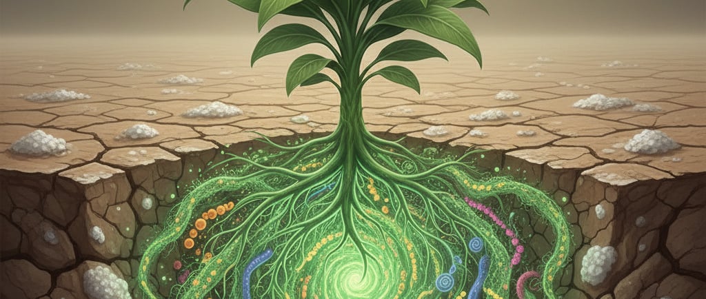 Conceptual illustration of a healthy plant thriving in cracked, slightly salty soil. Show its roots glowing with a network of
