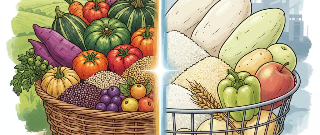 Conceptual illustration showing a stark contrast. On the left, a vibrant, colorful, and nutrient-rich traditional food basket