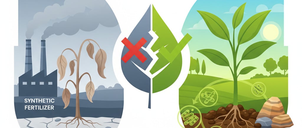 Conceptual illustration of sustainable agriculture: On one side, show a wilting plant in poor soil with a factory producing s