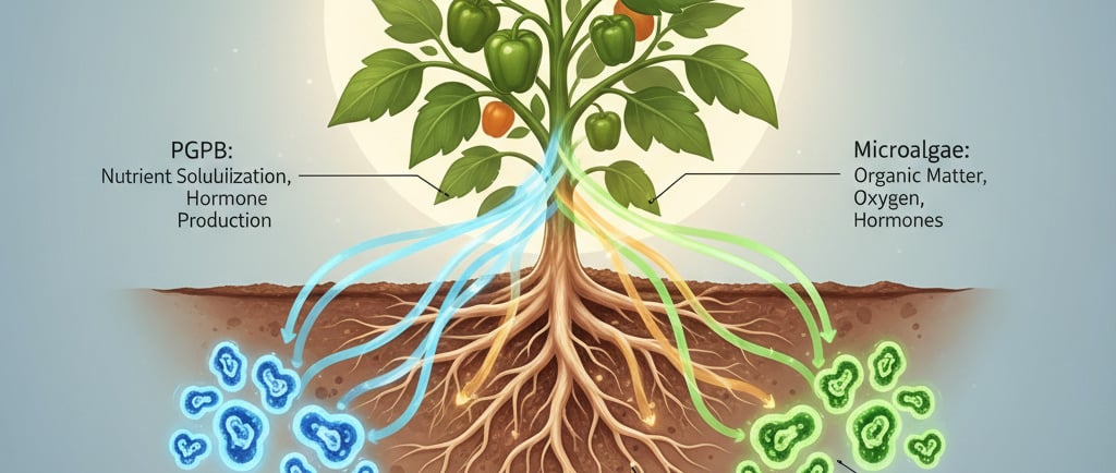 Conceptual illustration of agricultural synergy: On one side, show a plant root system interacting with glowing blue icons of