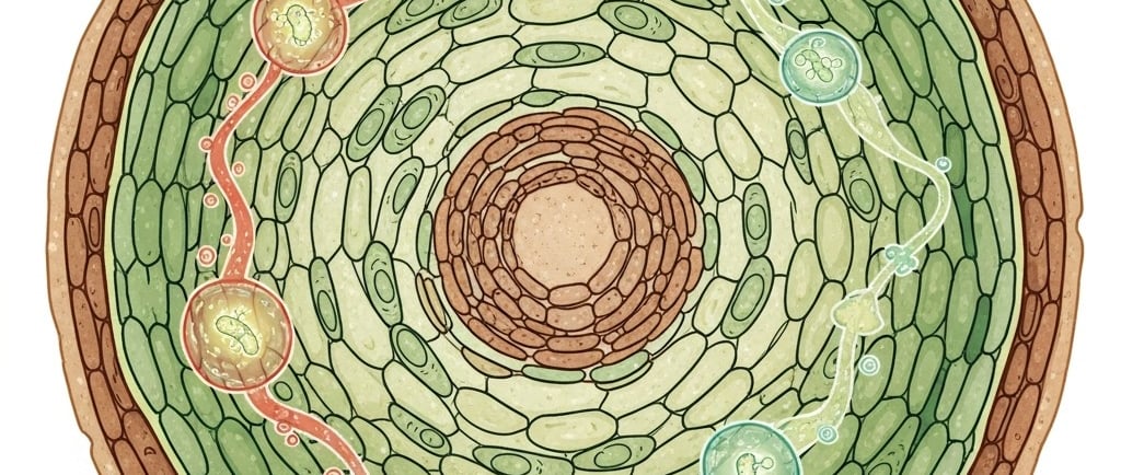 Conceptual illustration: A cross-section of a medicinal plant stem or root. Show tiny, glowing microbe icons (endophytes) liv