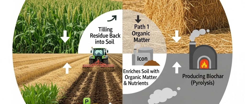 Create an infographic-style illustration with a split-screen or circular flow. On one side, show healthy crops growing, with 