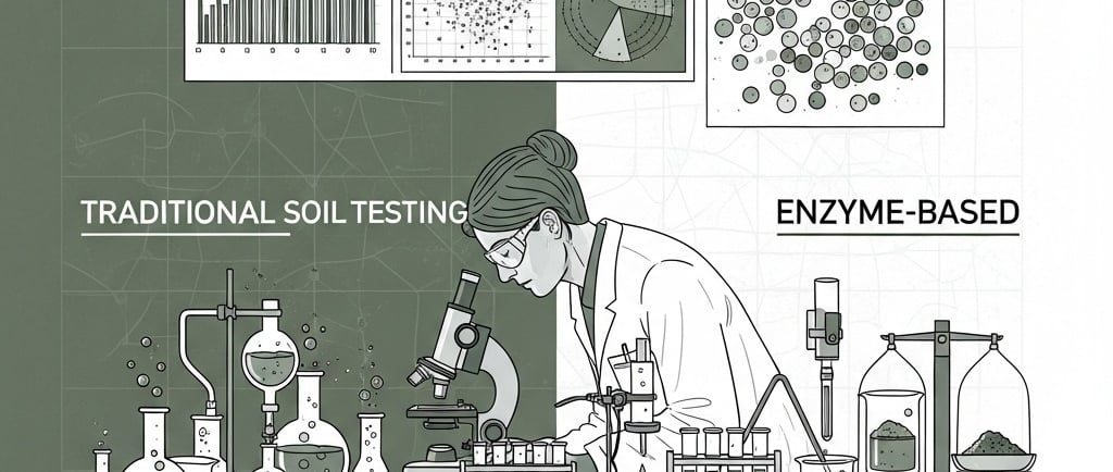 Create a conceptual illustration showing the contrast between traditional soil testing and a new, faster method using enzymes