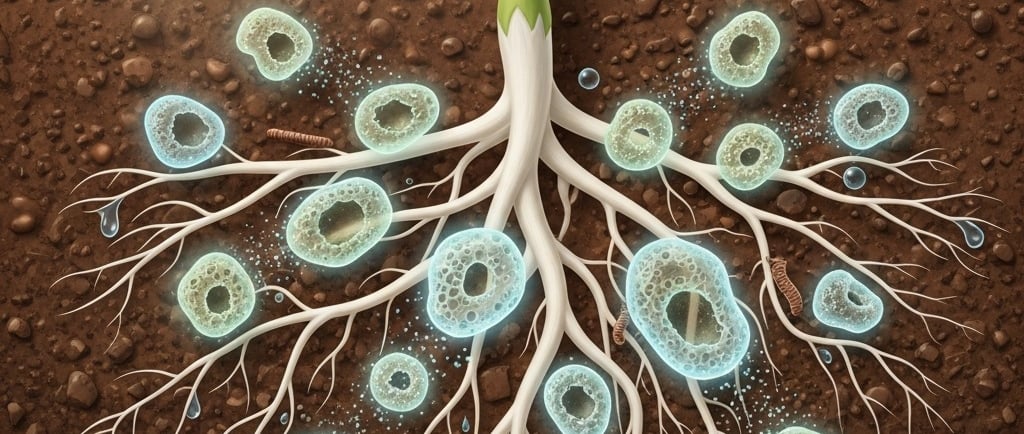 Conceptual illustration of sustainable agriculture. Show a healthy plant root system in soil. The roots are interacting with