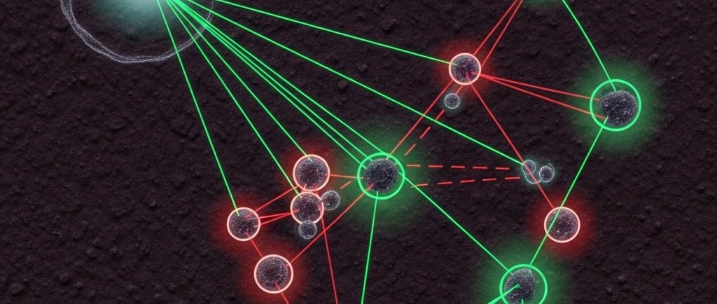Abstract digital art: A network of interconnected nodes and lines representing a complex soil microbiome. One node, represent