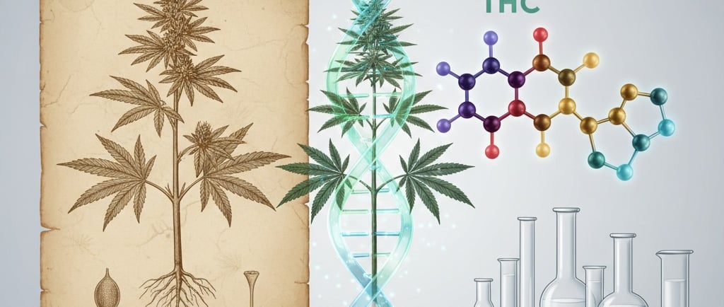 Conceptual illustration depicting the journey of Cannabis sativa research. On the left, show an ancient botanical drawing of 