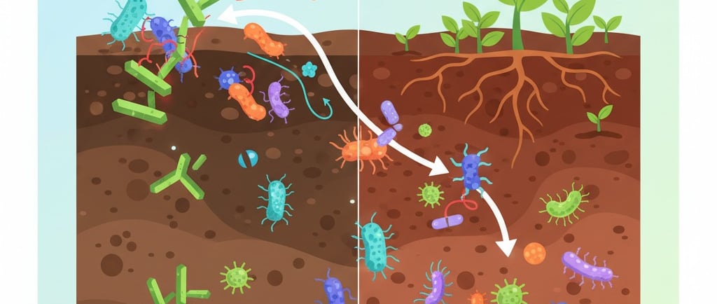 Conceptual illustration of bioremediation: Show a group of diverse, stylized microbes (bacteria) working together as a team w
