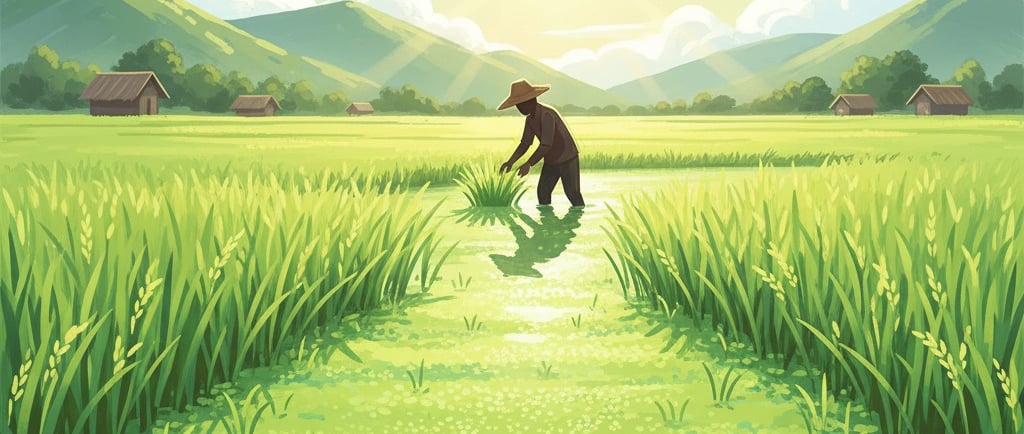Create a vibrant, hopeful illustration of a lush green rice paddy field. Show a dense, bright green mat of Azolla (a tiny flo