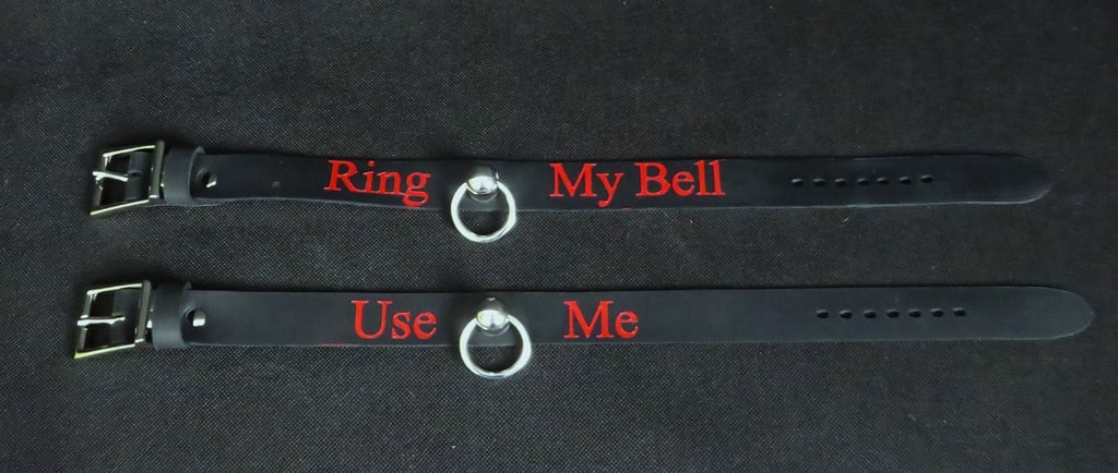 a pair of black leather straps with rings on each side