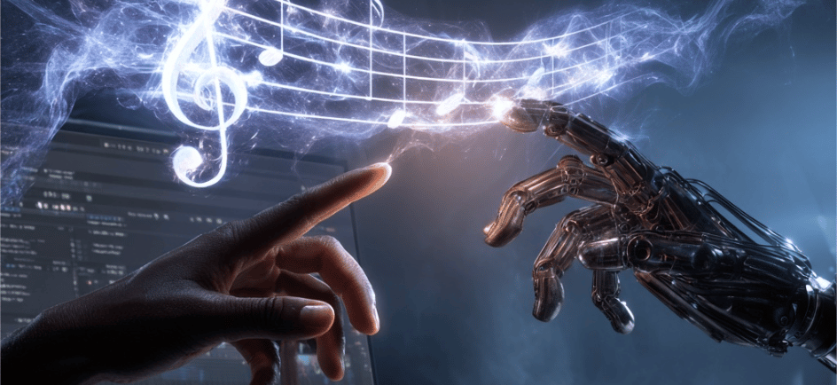 „Symbolbild für KI-Musik: Mensch und künstliche Intelligenz komponieren gemeinsam ein Musikstück – Verbindung von Technologie