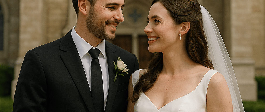 Mann und Frau Heiraten vor einer Kirche im klassischen Stil! Brautkleid und Anzug