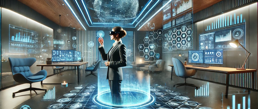 a woman in a virtual reality suit standing in a futuristic room