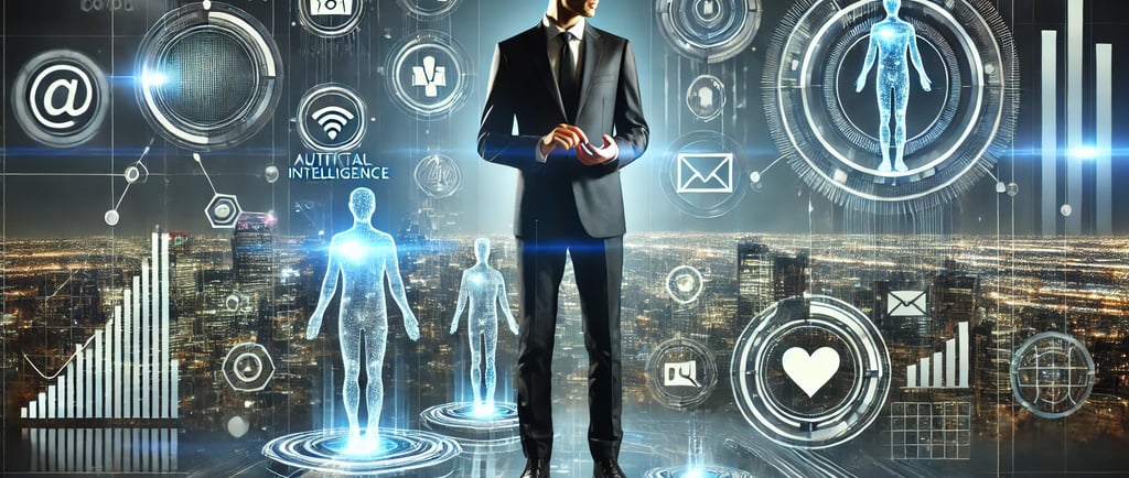 a man in a suit standing in front of a cityscapeople