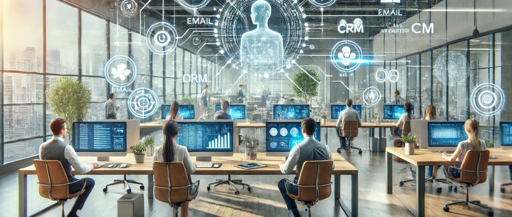 a group of people sitting at desks with computers and laptops