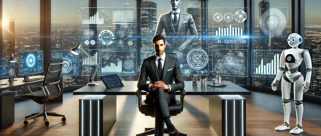 a man in a suit and tie is sitting at a desk with a robot