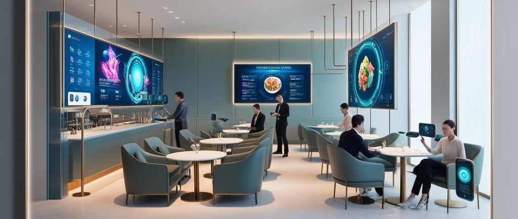Restaurante moderno con tecnología digital integrada, demostrando la convergencia de IA