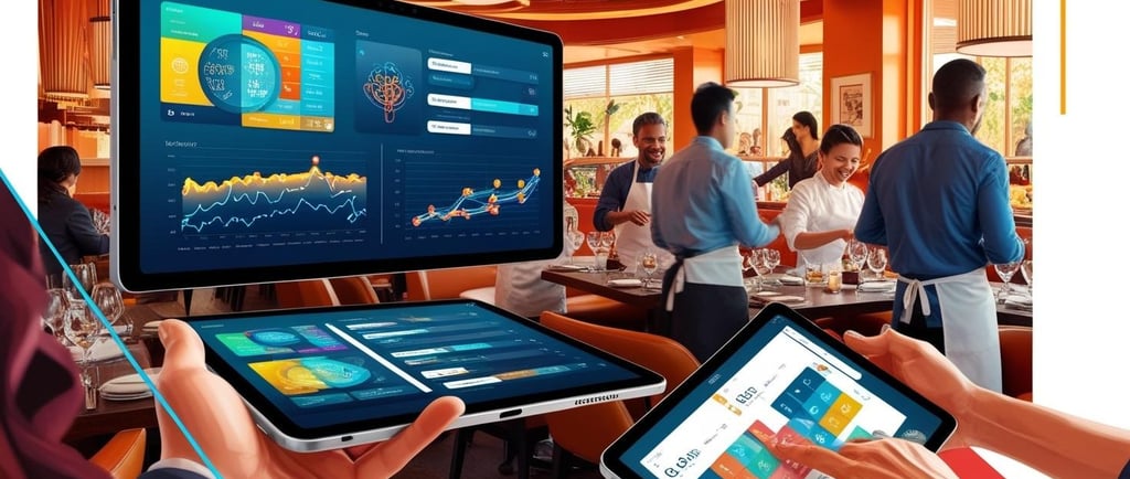 Restaurante moderno con tecnología digital integrada, demostrando la automatización y personalizació