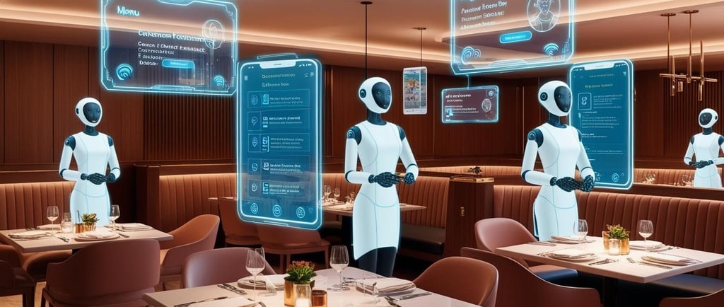 "Restaurante moderno con tecnología digital integrada, mostrando estrategias de marketing emocional 