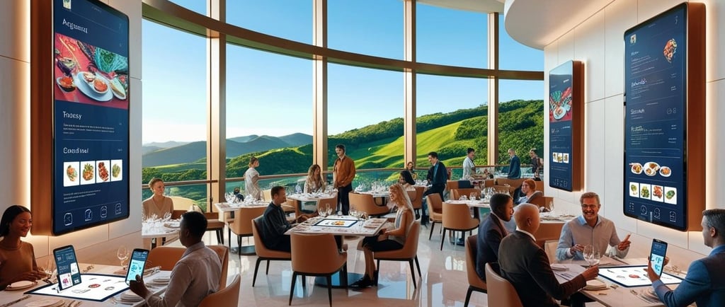 Restaurante moderno con tecnología digital integrada, ofreciendo experiencias interactivas y persona