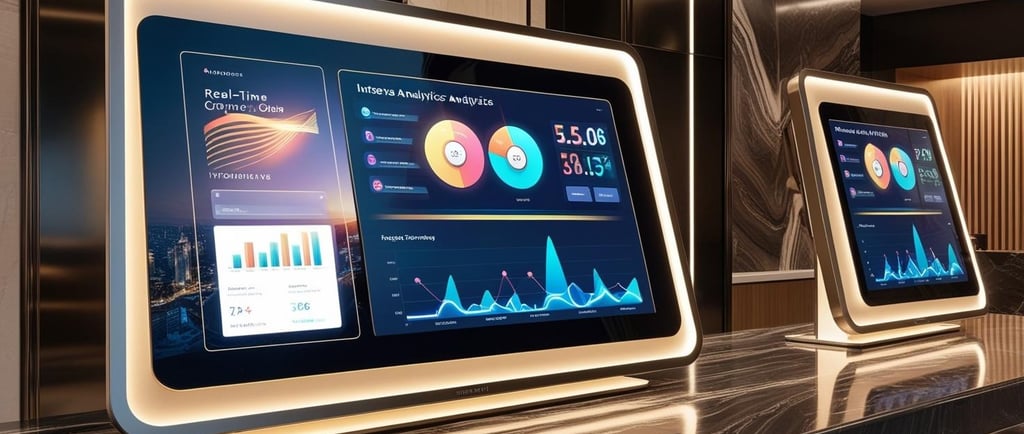 a counter top with a monitor screen displaying a display of graphs