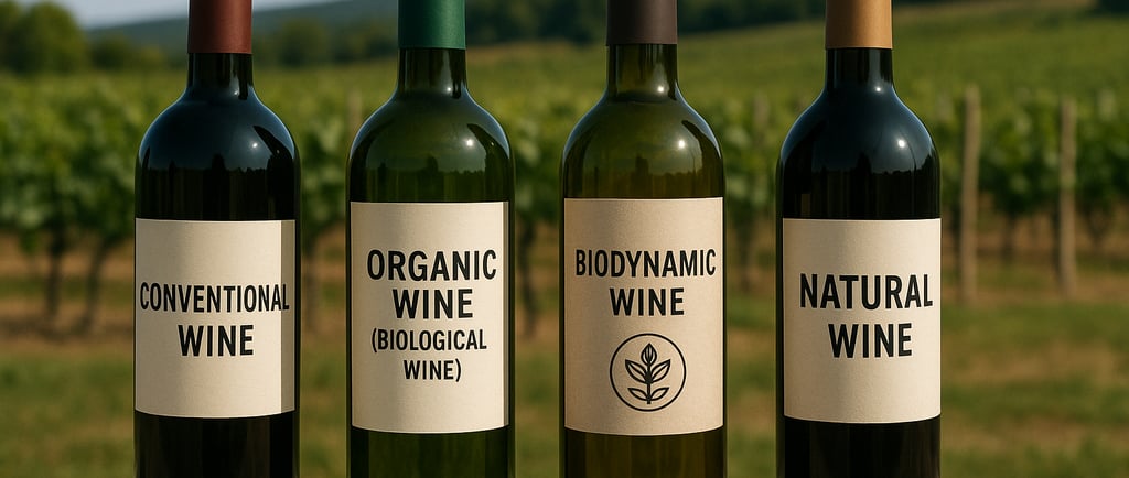 three bottles of wine on a table in front of a vineyard