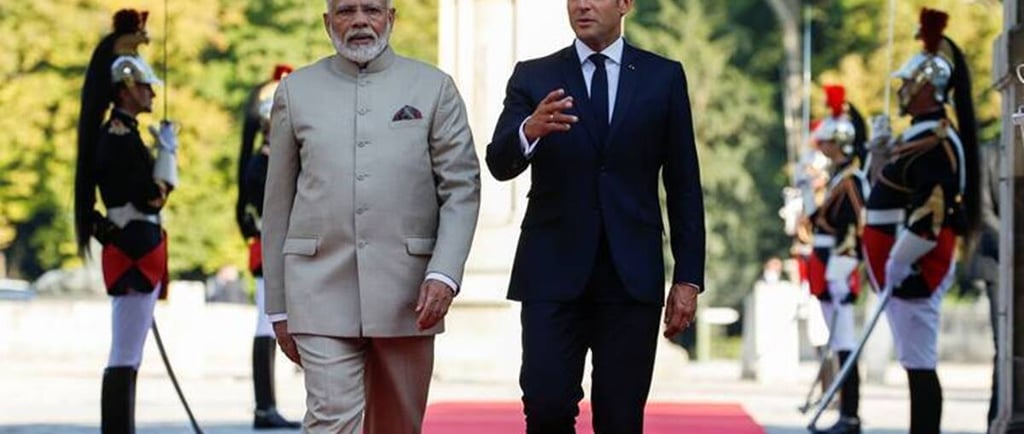 Modi and Macron together. Modi Macron redcarpet. Modi In Paris, France