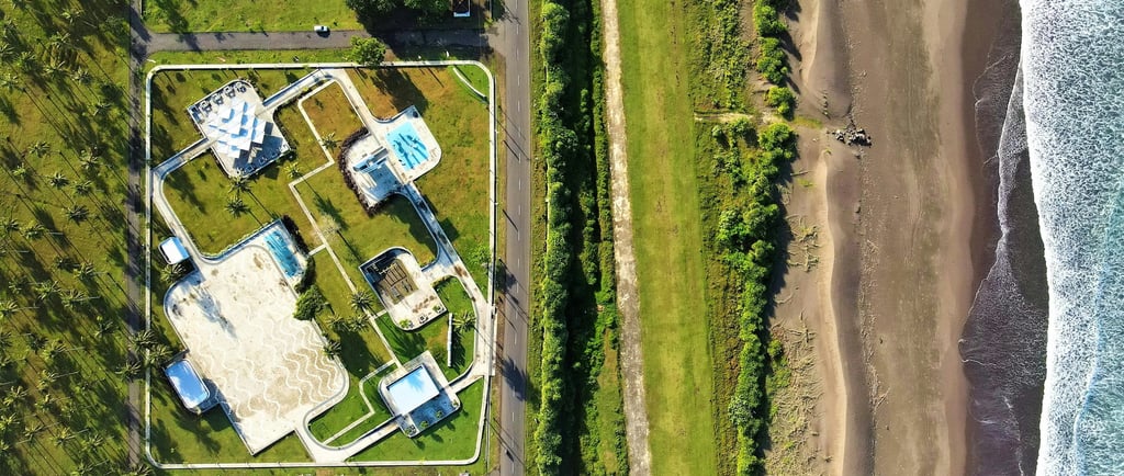 a pool with a pool and palm trees