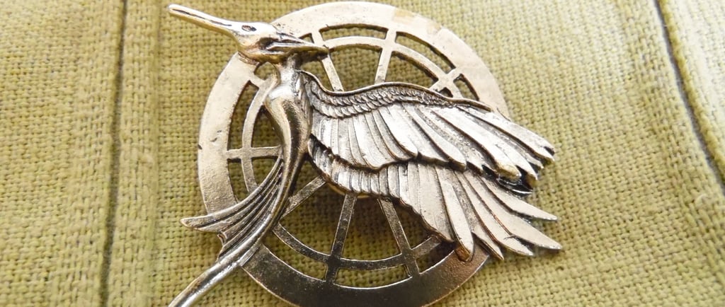 Resenha do livro Jogos Vorazes de Suzanne Collins: foto em close do broche do tordo.