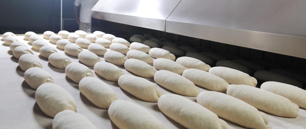 Industrial bakery production line with dough processing and bread manufacturing