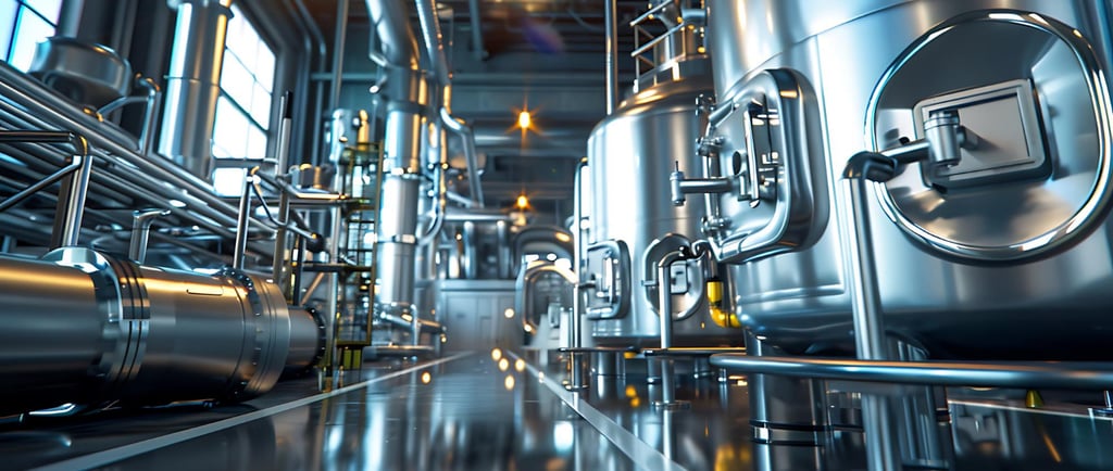 Shining stainless steel tanks, pipes, and machinery create a modern industrial facility for brewing, chemical processing, or