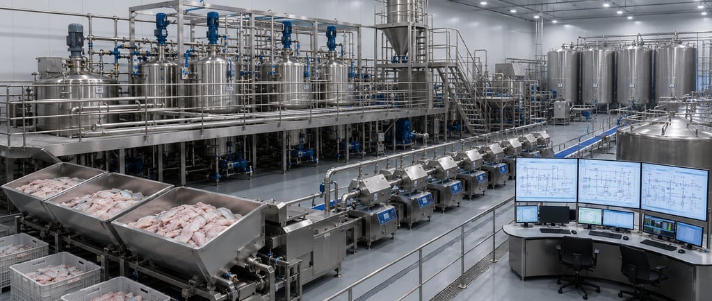 Modern stainless-steel fish protein processing line with raw fish hoppers, mixing tanks, pumps, and automated control 