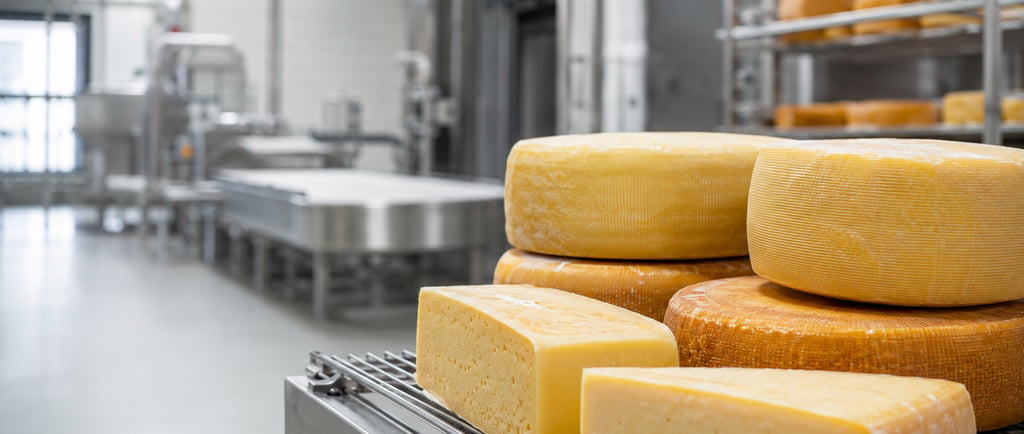 Premium cheese wheels and blocks on stainless-steel racks in a modern European dairy
