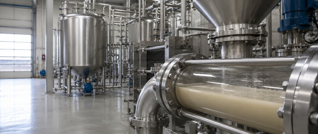 Starch liquefaction line with stainless-steel vessels, pipelines, and a transparent inspection section