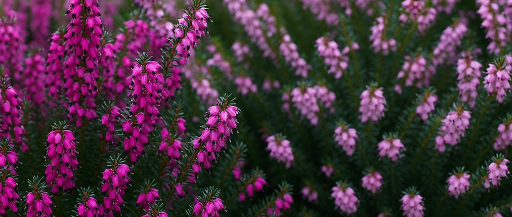 Levendige roze heidebloemen bloeien in een weelderige tuin en vormen een bodembedekker met groen