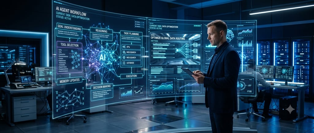 Professional engineer analyzing an AI agent workflow and data optimization on a futuristic digital dashboard.