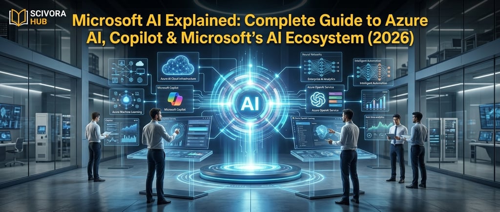 A futuristic tech office showing Microsoft AI ecosystem including Azure AI, Copilot, and cloud infrastructure.