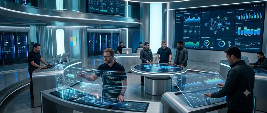 A modern data center operations room with IT professionals monitoring AI analytics on holographic displays and dashboards.