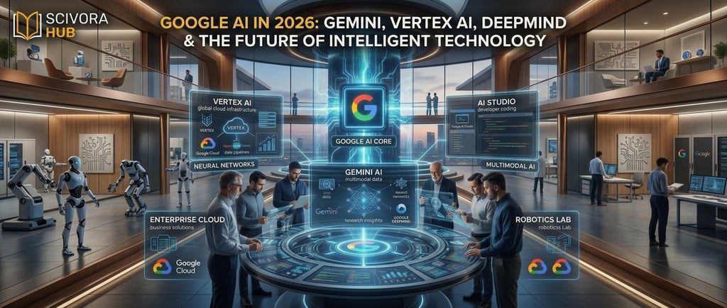 Futuristic Google AI research lab showing Gemini and Vertex AI development in 2026.