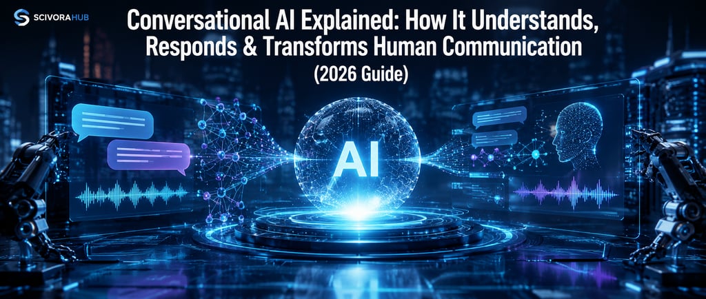 A 2026 guide to conversational AI showing digital neural networks, voice waves, and human-computer interfaces.