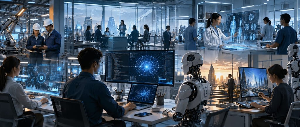 A futuristic workplace collage showing engineers, doctors, and AI robots collaborating with advanced digital interfaces.