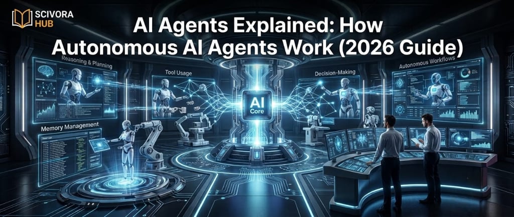 Futuristic command center infographic explaining how autonomous AI agents work with neural networks and workflows.
